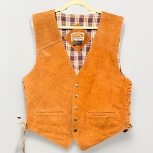 Paragraff Suede Leather Western Vest Brown Lace Up Side Plaid Lined L Vintage